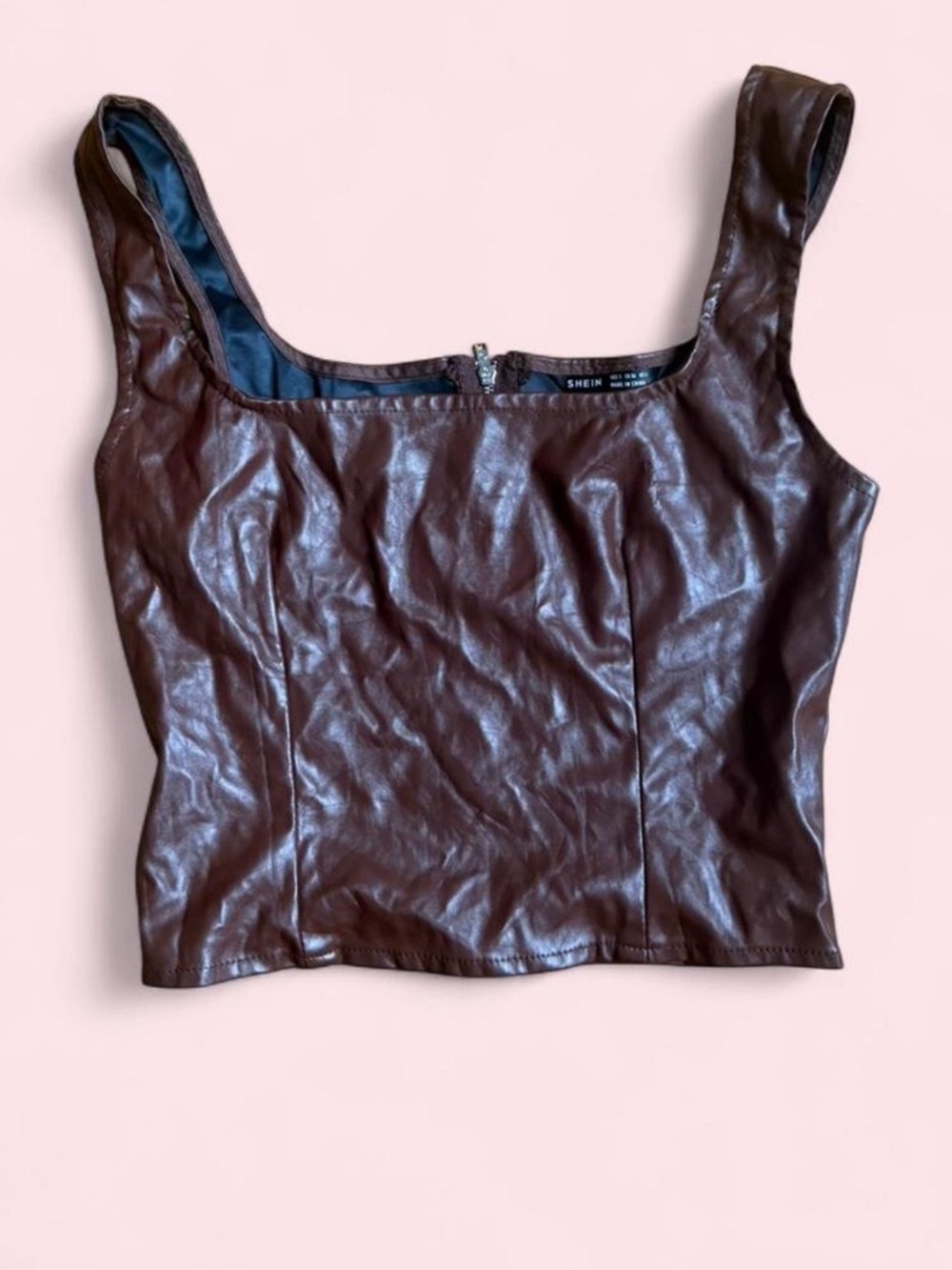SHEIN Brown Faux Leather Square-Neck Crop Top
